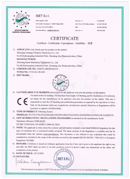 Китай Xinxiang Techang Vibration Machinery Co.,Ltd. Сертификаты